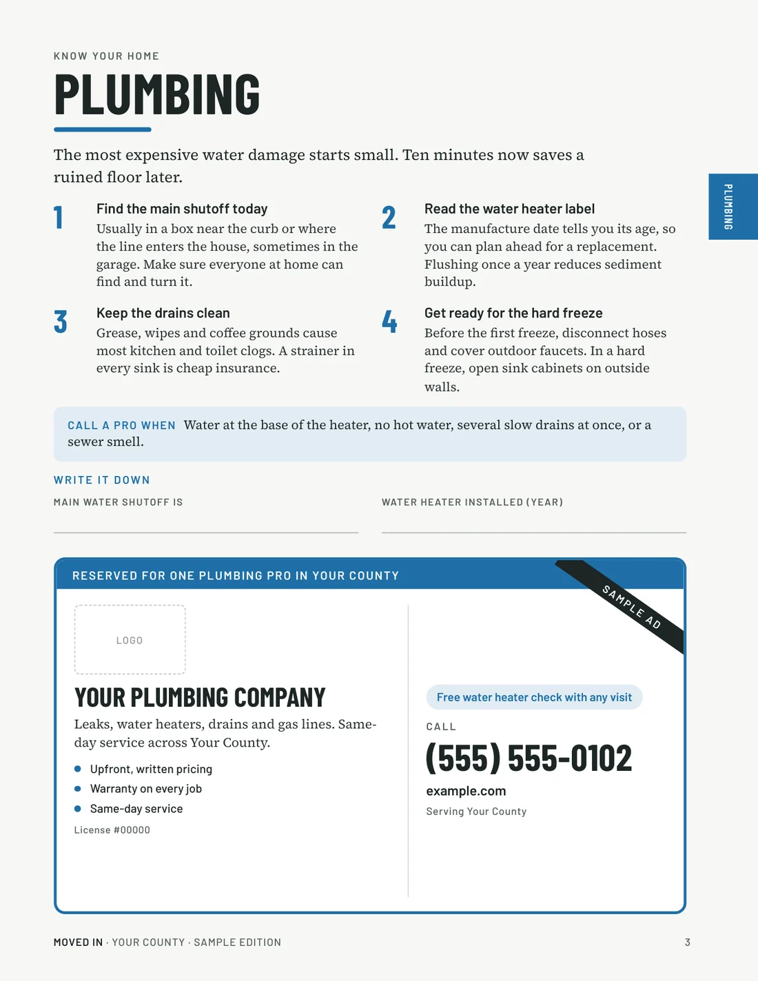 The sponsor spot at the bottom of a sample plumbing page: a band reading Reserved for one plumbing pro, a logo box, the business name, three reasons to call, an offer and a large phone number, marked Sample ad.