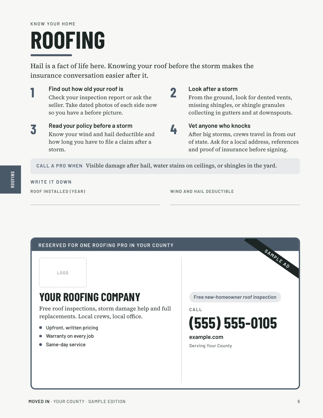 A full sample roofing page: the trade name, four tips, a call-a-pro box, two write-it-down lines and the sponsor spot at the bottom.